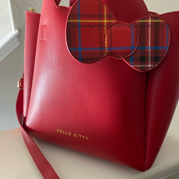 Sanrio Hello Kitty Red tote bag tartan check ribbon PU leather (rare) - Picture 5 of 13